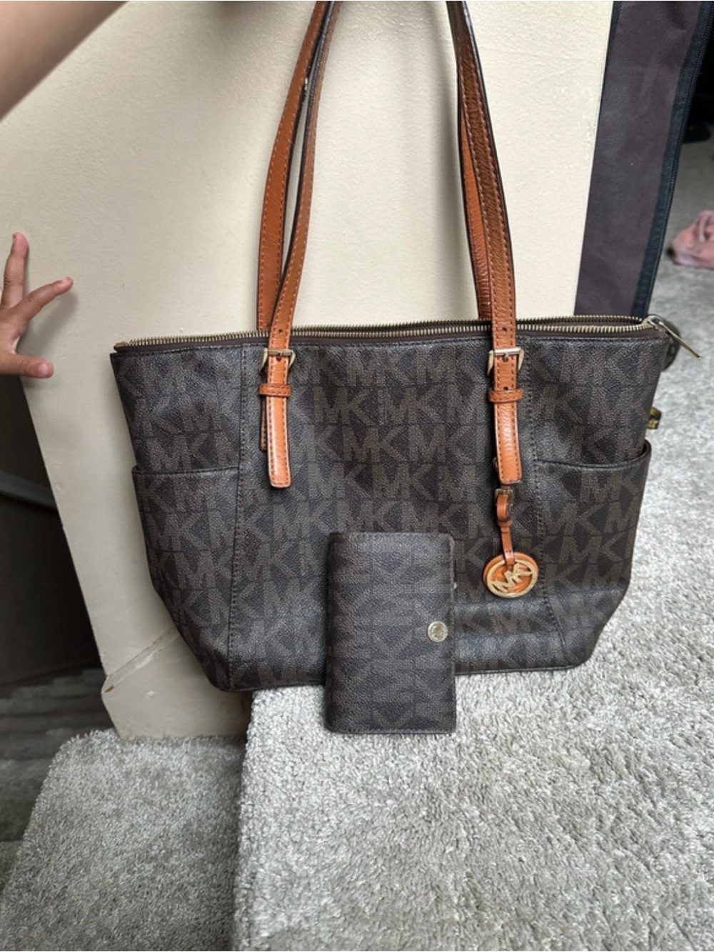 Michael Kors Dark Brown Monogram Tote with Tan Straps